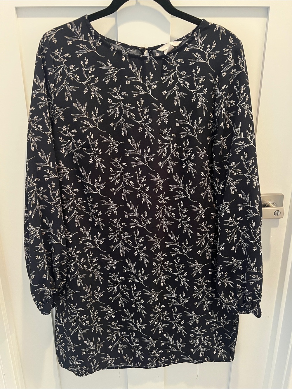 H&M Black Long Sleeve Dress with White Botanical Print